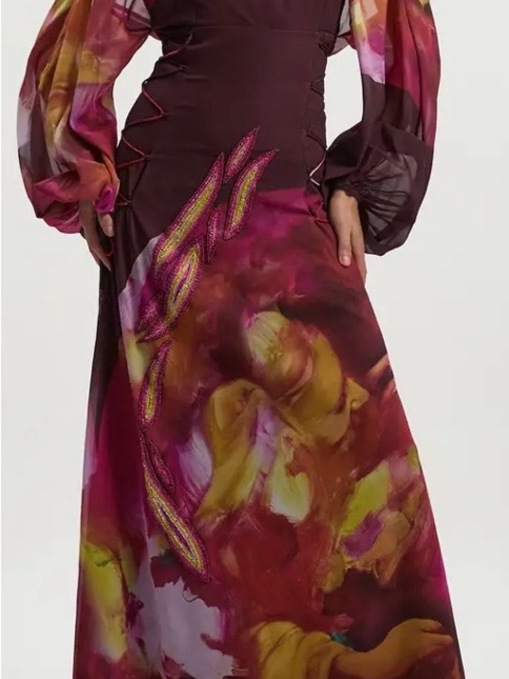 Karen Millen Burgundy Floral Maxi Dress with Multicolor Print NWT